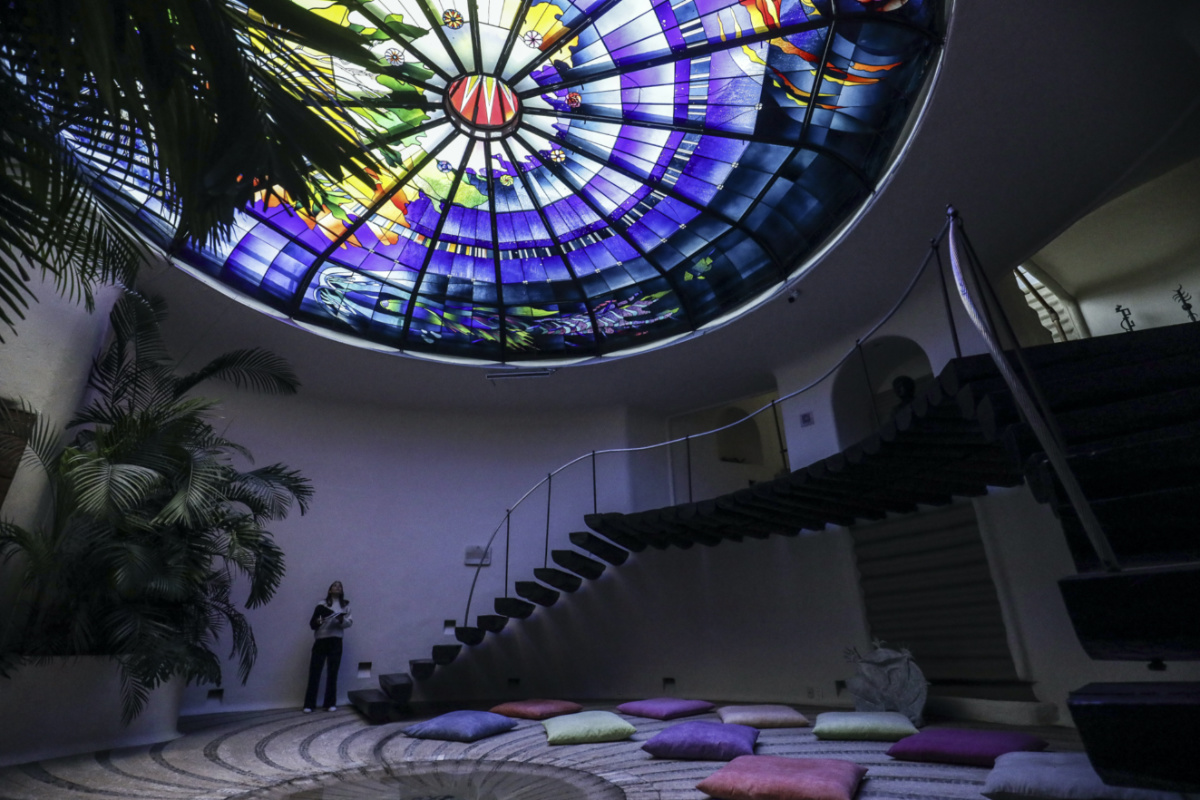 A stained-glass dome titled The Second Innocence, the Dream of Dionisyos, by Italian artist Narcissus Quagliata decorates the El Santuario Resort hotel in Valle de Bravo, Mexico, on Wednesday, 25th October, 2023