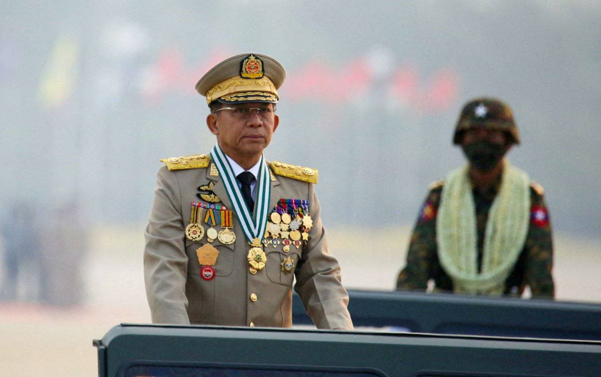Myanmar's junta leader General Min Aung Hlaing, who ousted the elected government in a coup on 1st February, 2021, presides over an army parade on Armed Forces Day in Naypyitaw, Myanmar, on 27th March, 2021.