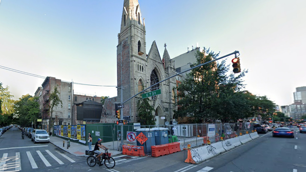 The cordoned off facade of Middle Collegiate Church in Manhattan's East Village in New York City. 