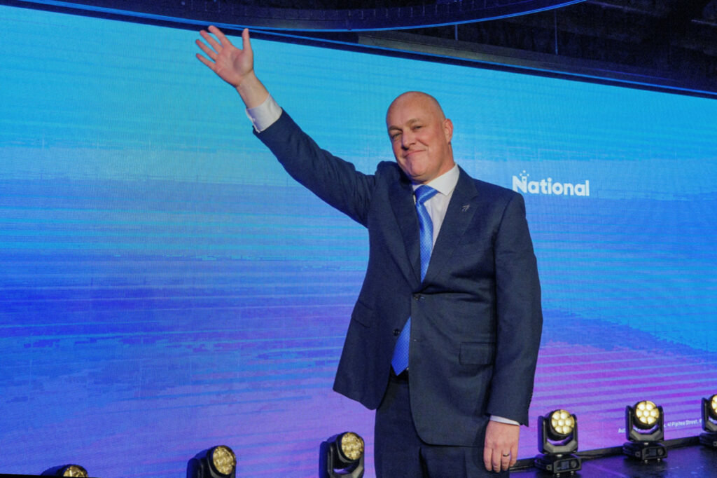 Christopher Luxon, leader of New Zealand's National Party waves to supporters at his election party after winning the general election in Auckland, New Zealand, on 14th October, 2023