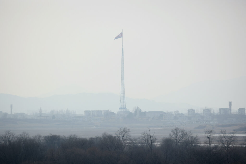 A North Korean flag flutters at the propaganda village of Gijungdong in North Korea, in this picture taken near the truce village of Panmunjom inside the demilitarized zone separating the two Koreas, South Korea, on 7th February, 2023.