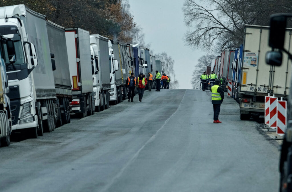 Ukrainian trucks are parked near the Poland-Ukraine border, near the village of Korczowa, Poland, on 19th November, 2023.