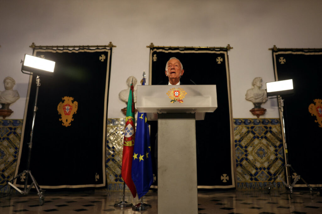 Portugal's President Marcelo Rebelo de Sousa addresses the nation from Belem Palace to announce his decision to dissolve parliament triggering snap general elections on March 10th