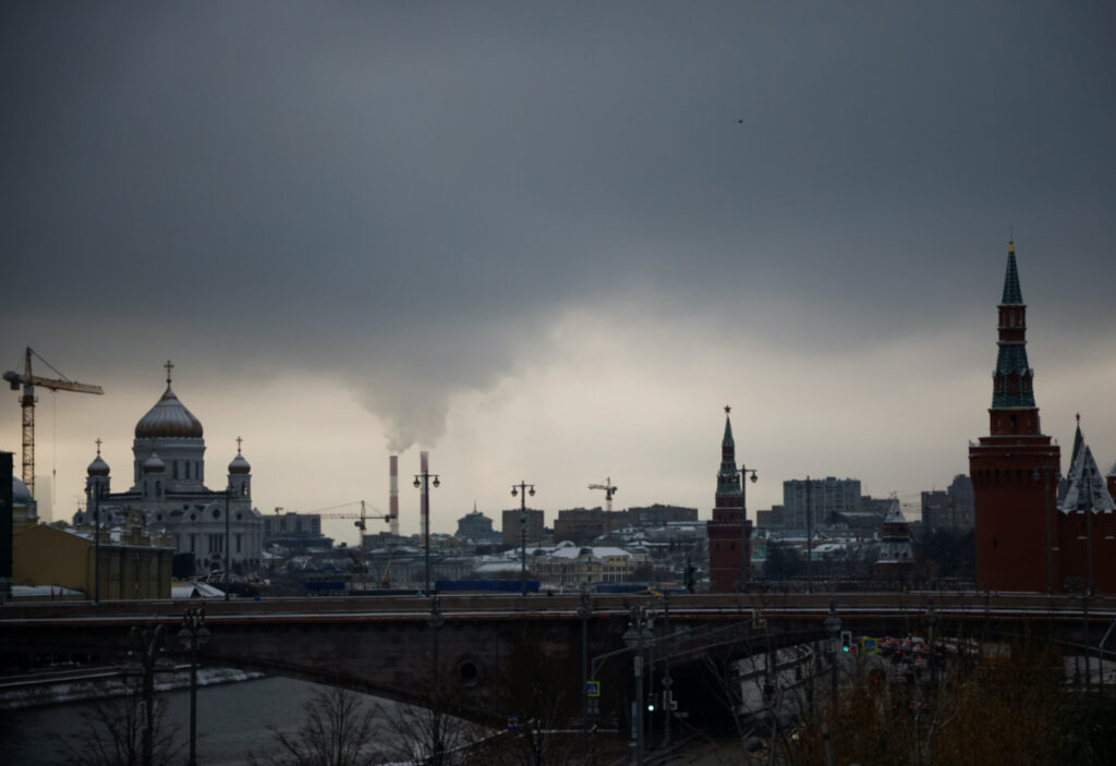 Steam rises from chimneys of a heating power plan over the skyline of central Moscow, Russia, on 23rd November, 2020.