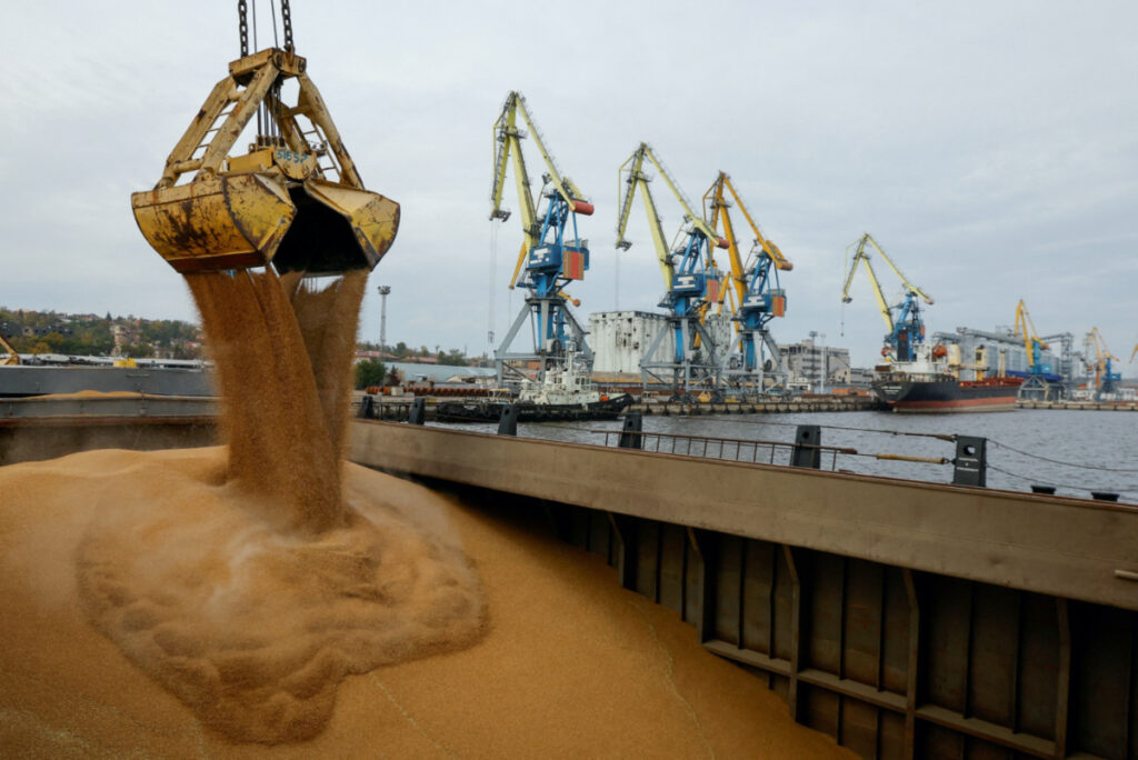 Wheat grain is loaded into the cargo vessel Mezhdurechensk before its departure for the Russian city of Rostov-on-Don in the course of Russia-Ukraine conflict in the port of Mariupol, Russian-controlled Ukraine, on 25th October, 2023.
