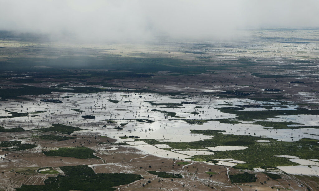 An aerial view shows flooded fields following heavy rains in Baidoa, Somalia, on 16th November, 2023.