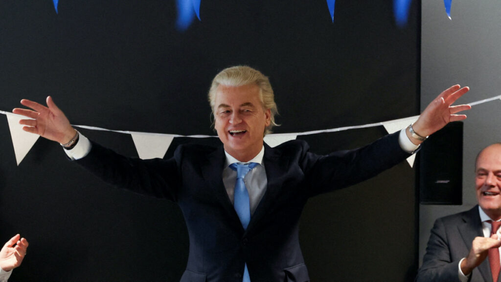Dutch far-right politician and leader of the PVV party, Geert Wilders gestures as he meets with members of his party at the Dutch Parliament, after the Dutch parliamentary elections, in The Hague, Netherlands, on 23rd November, 2023