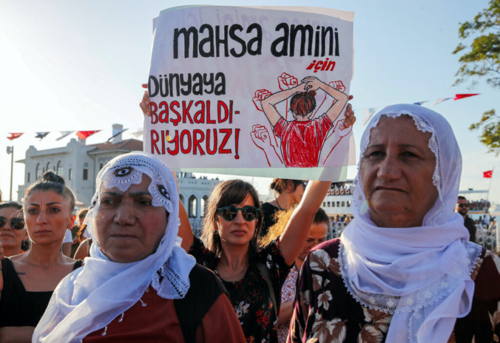 Women take part in a rally on the first anniversary of the death of Mahsa Amini which prompted protests across the country, in Istanbul, Turkey, on 16th September, 2023.