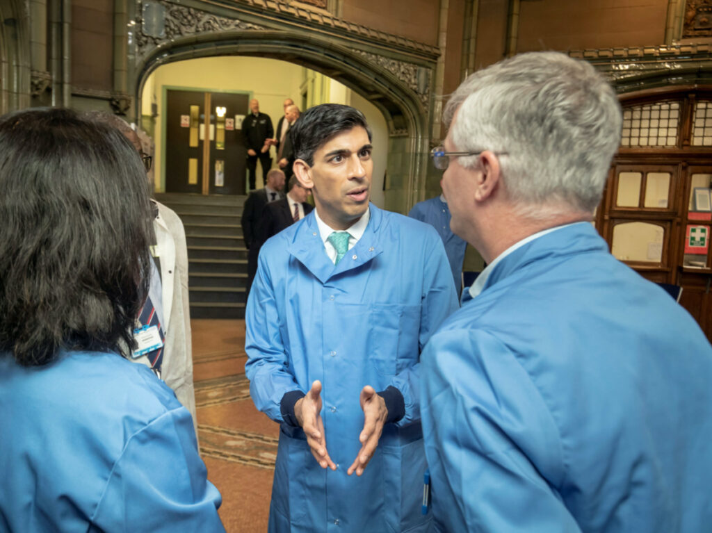 Britain's Chancellor of the Exchequer Rishi Sunak visits the pathology labs at Leeds General Infirmary, to show how yesterday's budget is supporting those affected by coronavirus, in Leeds, Britain on 12th March, 2020.