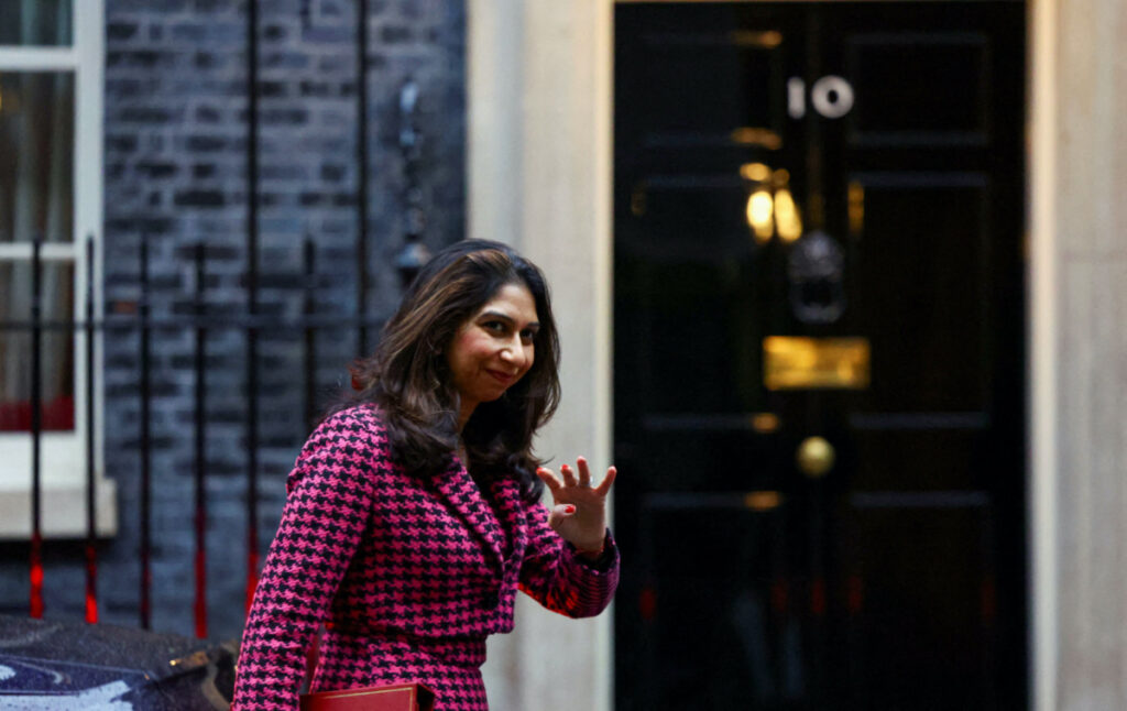 Britain's Home Secretary Suella Braverman walks outside Number 10 Downing Street, in London, Britain, on 24th October, 2023.