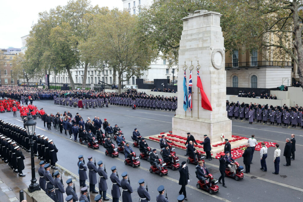 A general view of the veteran parade during the National Service of Remembrance at The Cenotaph on Whitehall in London, Britain, on 12th November, 2023.