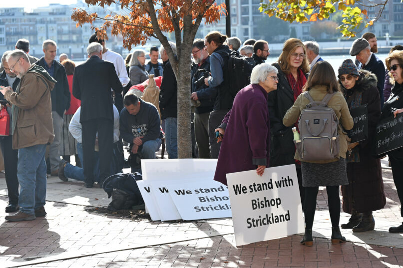 Supporters of Bishop Joseph Strickland gather near the USCCB meeting in Baltimore, on Wednesday, 15th November, 2023. 
