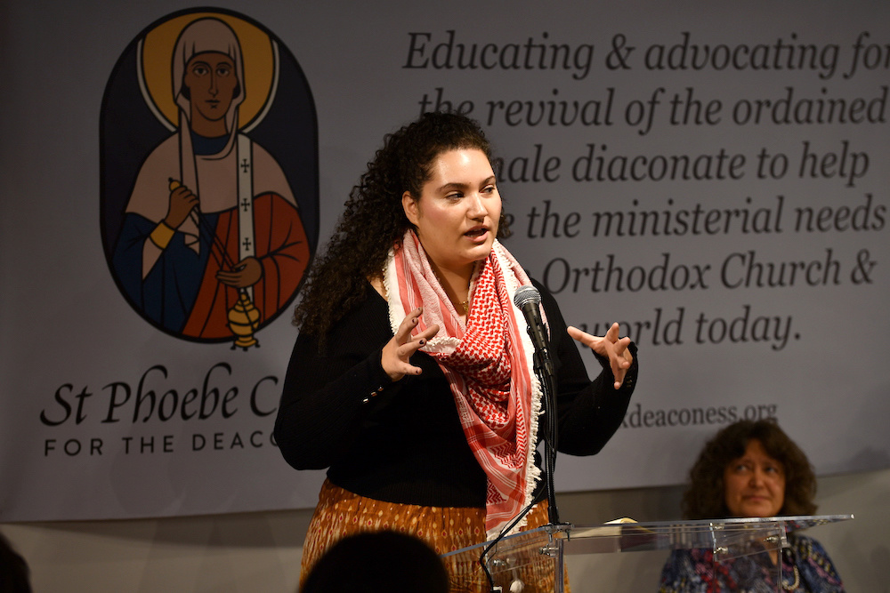 Sophia Kyrou speaks during a symposium on women deacons, at Hellenic College Holy Cross Greek Orthodox School of Theology and St Mary Orthodox Church in Brookline, Massachusetts, US