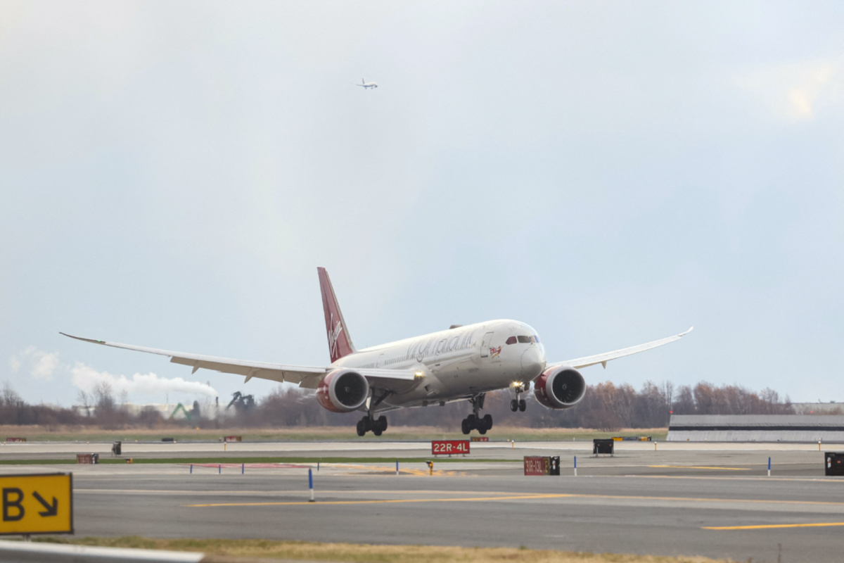 Virgin Atlantic Boeing 787 arrives to complete the first 100 per cent Sustainable Aviation Fuel transatlantic flight from London's Heathrow airport to John F. Kennedy International Airport, in New York City, US, on 28th November, 2023