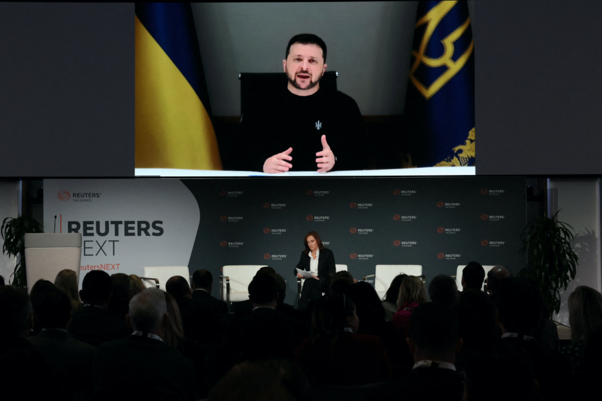Reuters Editor-in-Chief Alessandra Galloni speaks with Ukraine's President Zelenskiy via video link at the ReutersNEXT Newsmaker event in New York City, New York, US, on 8th November, 2023
