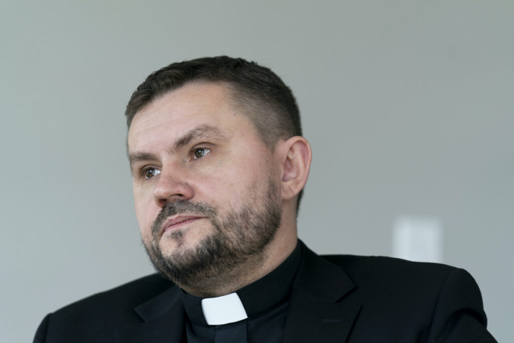Bishop Ivan Rusyn speaks about his experience as an evangelical Christian living in Ukraine during an interview with the Associated Press, Monday, 30th October, 2023, at the US Institute of Peace in Washington.