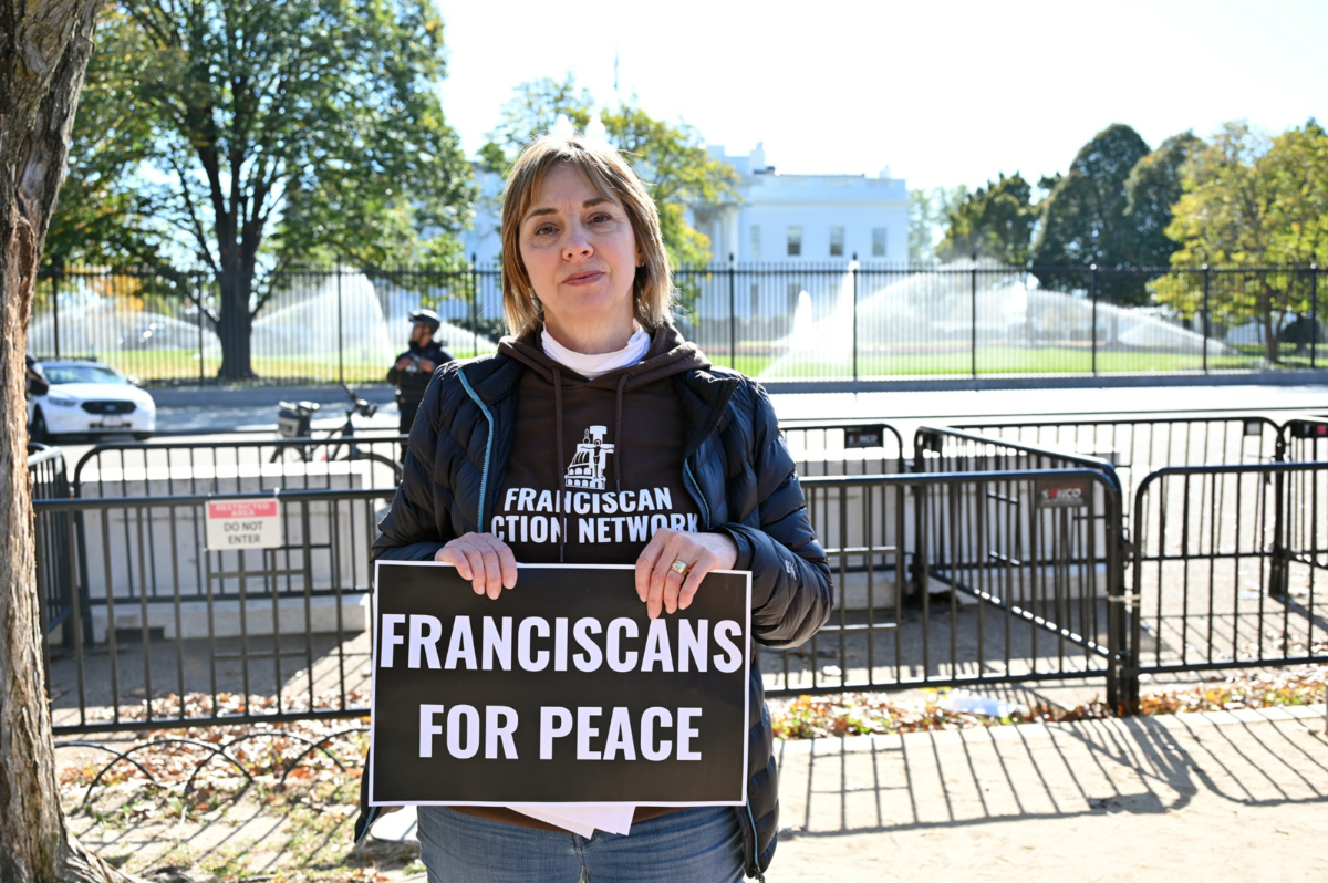 Michele Dunne, head of the Franciscan Action Network, attends a “pray-in” protest outside the White House, on Thursday, 2nd November, 2023, in Washington.