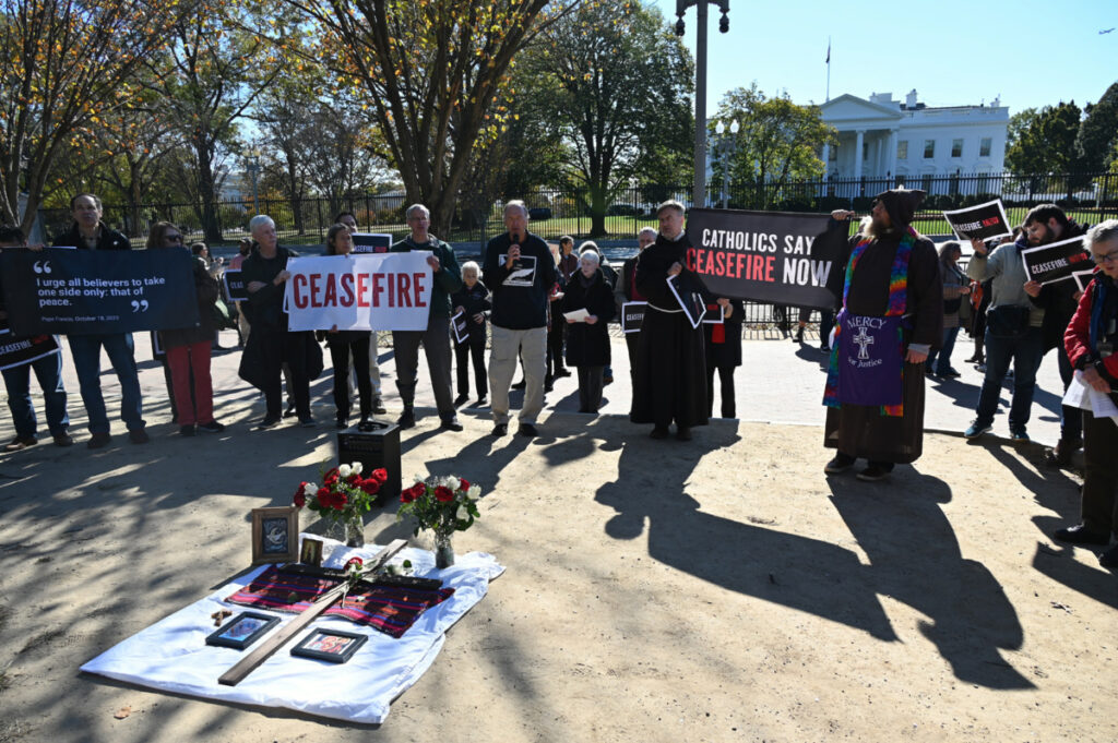 Catholic activists participate in a “pray-in” protest, advocating a cease-fire in the Gaza Strip, outside the White House, on Thursday, 2nd November, 2023, in Washington