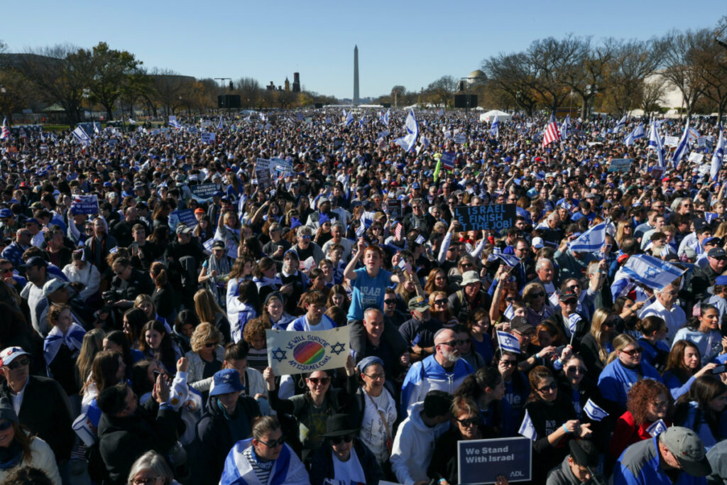 Israeli Americans and supporters of Israel gather in solidarity with Israel and protest against antisemitism, amid the ongoing conflict between Israel and the Palestinian group Hamas, during a rally on the National Mall in Washington, US, on 14th November, 2023
