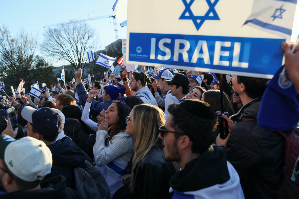 Israeli Americans and supporters of Israel gather in solidarity with Israel and protest against antisemitism, amid the ongoing conflict between Israel and the Palestinian group Hamas, during a rally on the National Mall in Washington, US, on 14th November, 2023. 