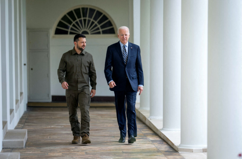 Ukrainian President Volodymyr Zelenskiy walks down the White House colonnade to the Oval Office with US President Joe Biden during a visit to the White House in Washington, US, on 21st September 2023