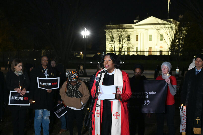 Rev Dr Leslie Copeland Tune addresses a vigil opposing the Israel-Hamas war, on Monday, 20th November, 2023, at the White House in Washington. 