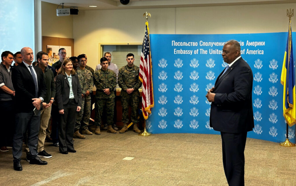 US Defense Secretary Lloyd Austin speaks to employees of the US Embassy in Kyiv during his visit to Ukraine, on 20th November, 2023.
