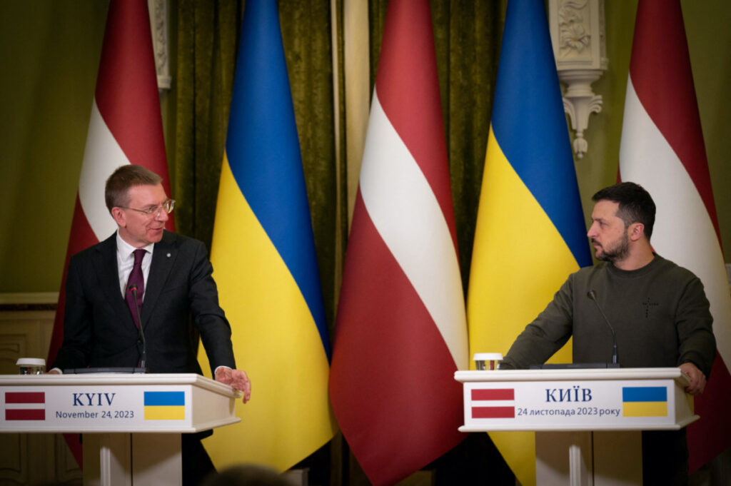 Ukraine's President Volodymyr Zelenskiy and Latvian President Edgars Rinkevics attend a joint press conference, amid Russia's attack on Ukraine, in Kyiv, Ukraine on 24th November, 2023