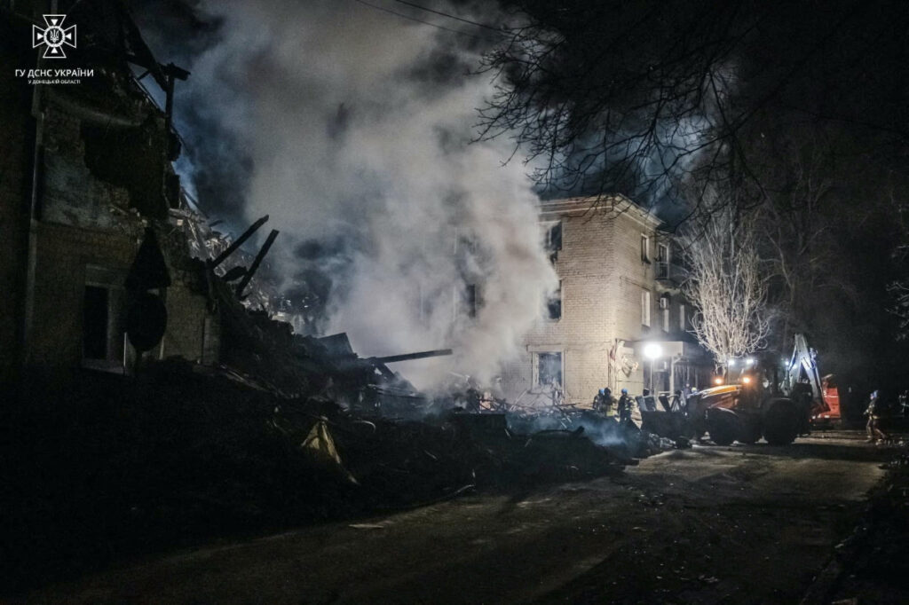 Rescuers work at a site of a residential building heavily damaged by a Russian missile strike, amid Russia's attack on Ukraine, in the town of Novohrodivka, Donetsk region, Ukraine on 30th November, 2023
