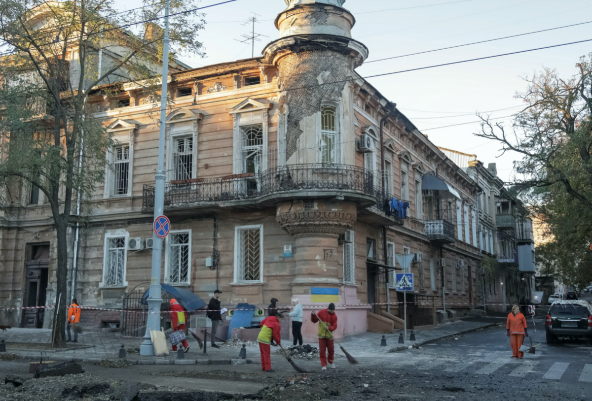 Municipal workers clean an area at the site of a Russian missile strike, amid Russia's attack on Ukraine, in Odesa, Ukraine, on 6th November, 2023