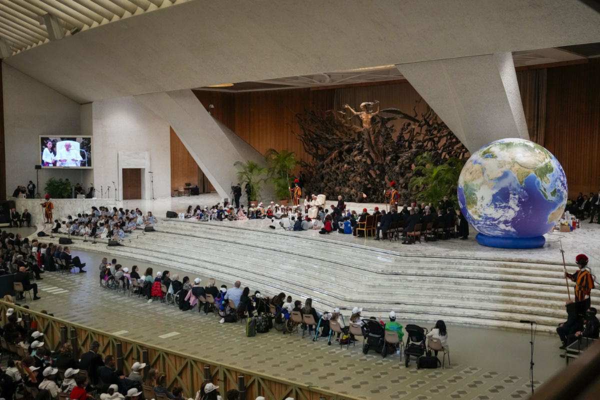 Pope Francis holds an audience with children from all over the world in the Paul VI Hall at The Vatican, on Monday, 6th November, 2023