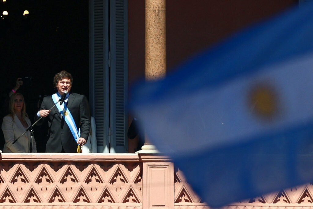 Argentina's President Javier Milei addresses supporters gathered outside Casa Rosada after his swearing-in ceremony, in Buenos Aires, Argentina on 10th December, 2023