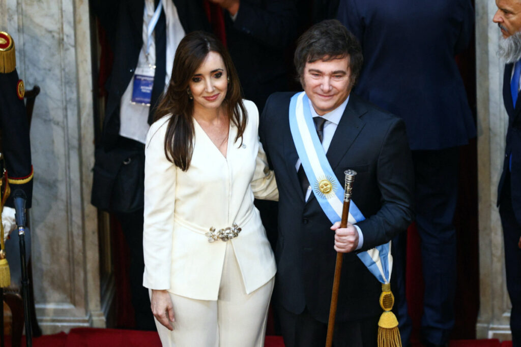 Argentina's new Vice President Victoria Villarruel and Argentina's President Javier Milei embrace during their swearing-in ceremony at the National Congress, in Buenos Aires, Argentina, on 10th December, 2023.