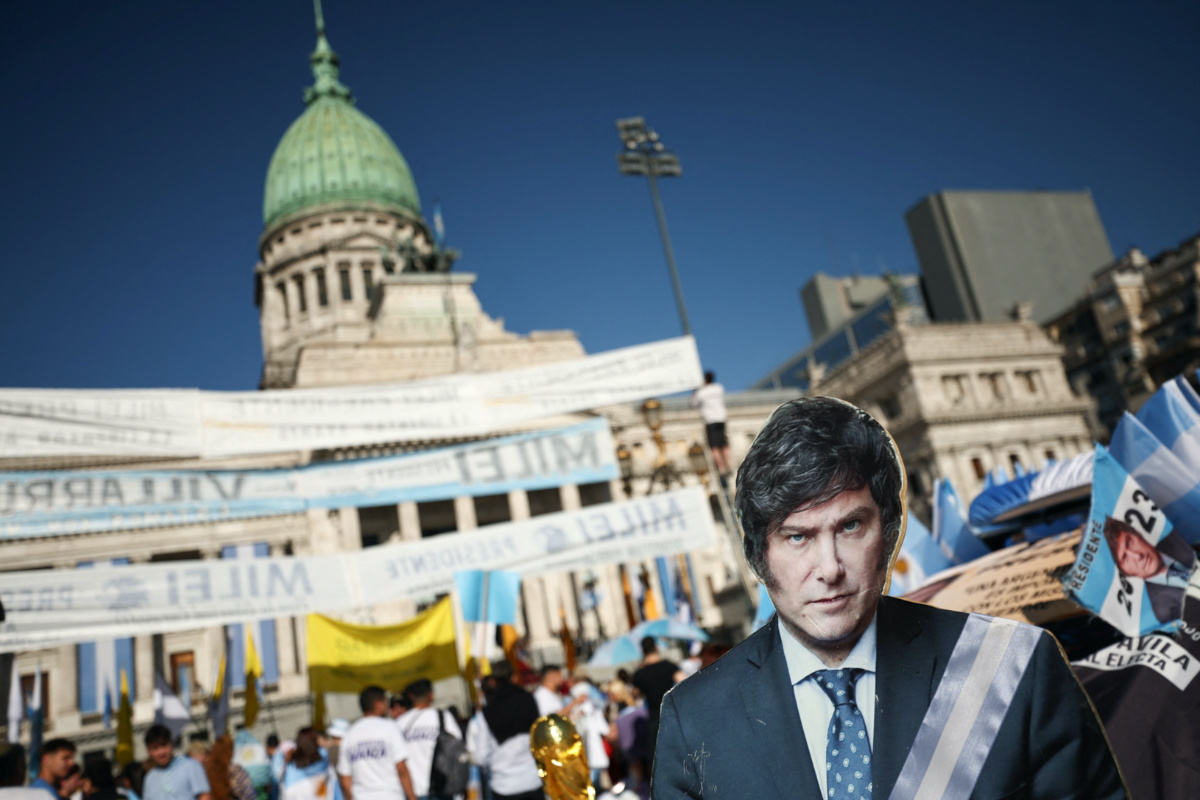 A cardboard cutout depicting Argentina's President-elect Javier Milei, on the day of his swearing-in ceremony, stands outside the National Congress, in Buenos Aires, Argentina, on 10th December, 2023