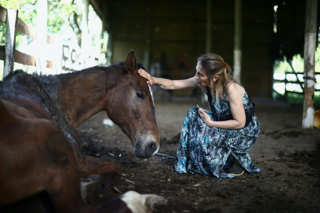Lorena Melantoni pets a rescued horse at her sanctuary "Let's dream of hope" where mistreated horses that used to pull recycling carts, or were used for sports, have a second chance of life, in La Plata, Buenos Aires, Argentina on 2nd December, 2023