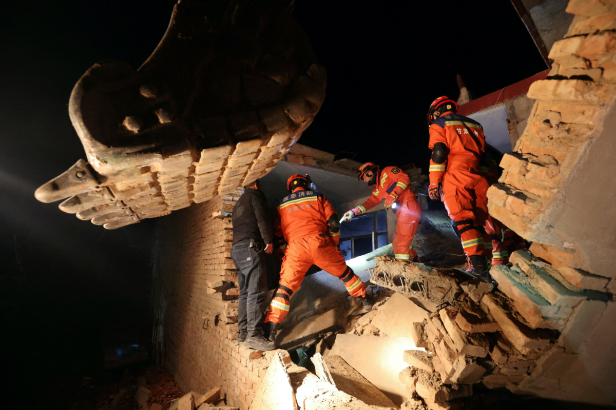 Rescue workers conduct search and rescue operations at Kangdiao village following the earthquake in Jishishan county, Gansu province, China on 19th December, 2023