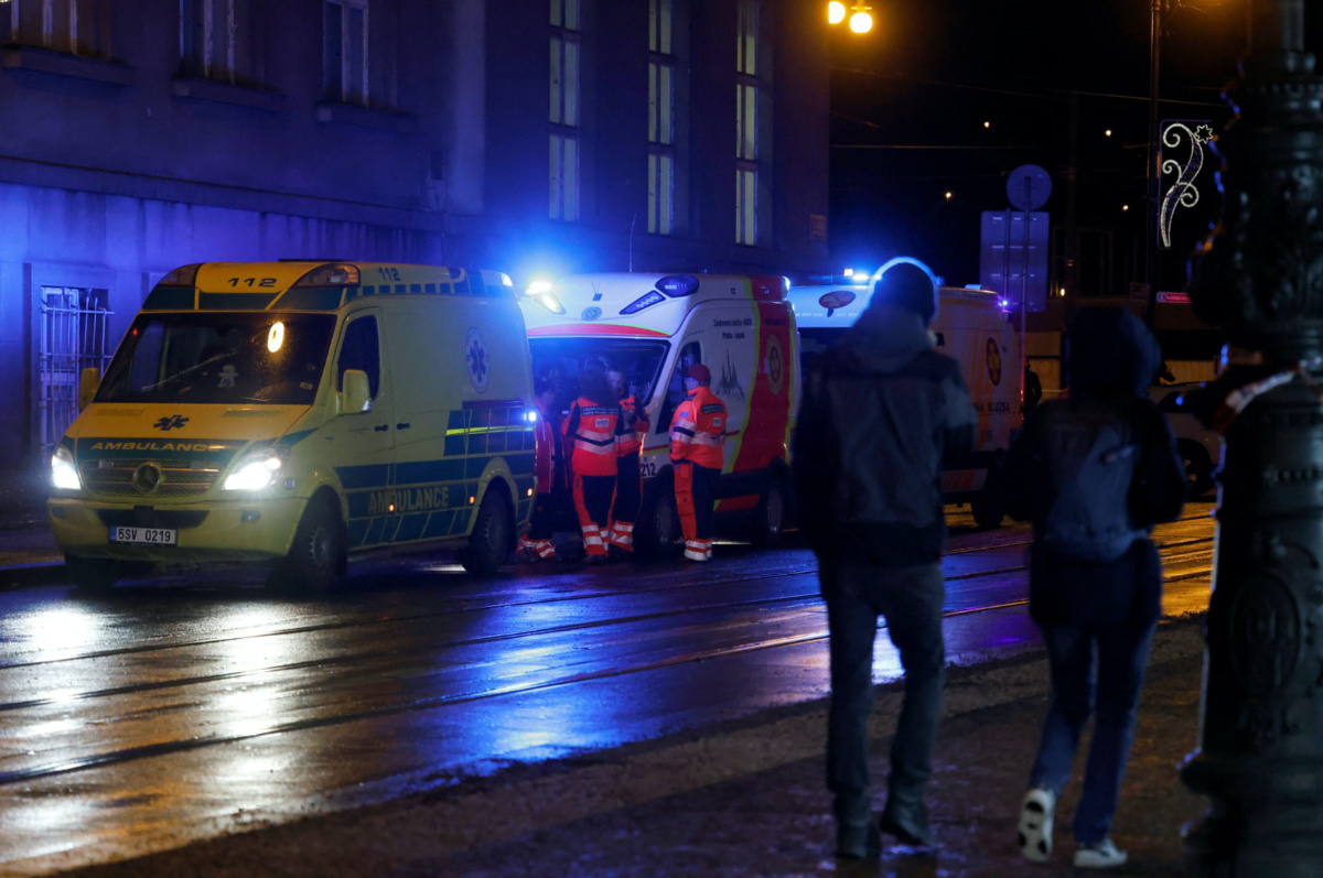 Ambulances park near the area of the shooting at one of the buildings of Charles University in Prague, Czech Republic, on 21st December, 2023. 