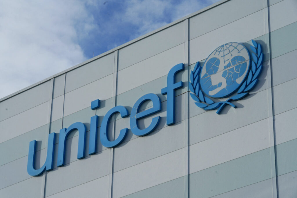 A view shows signage on the exterior of UNICEF's humanitarian warehouse in Copenhagen, Denmark, on 15th November, 2023.