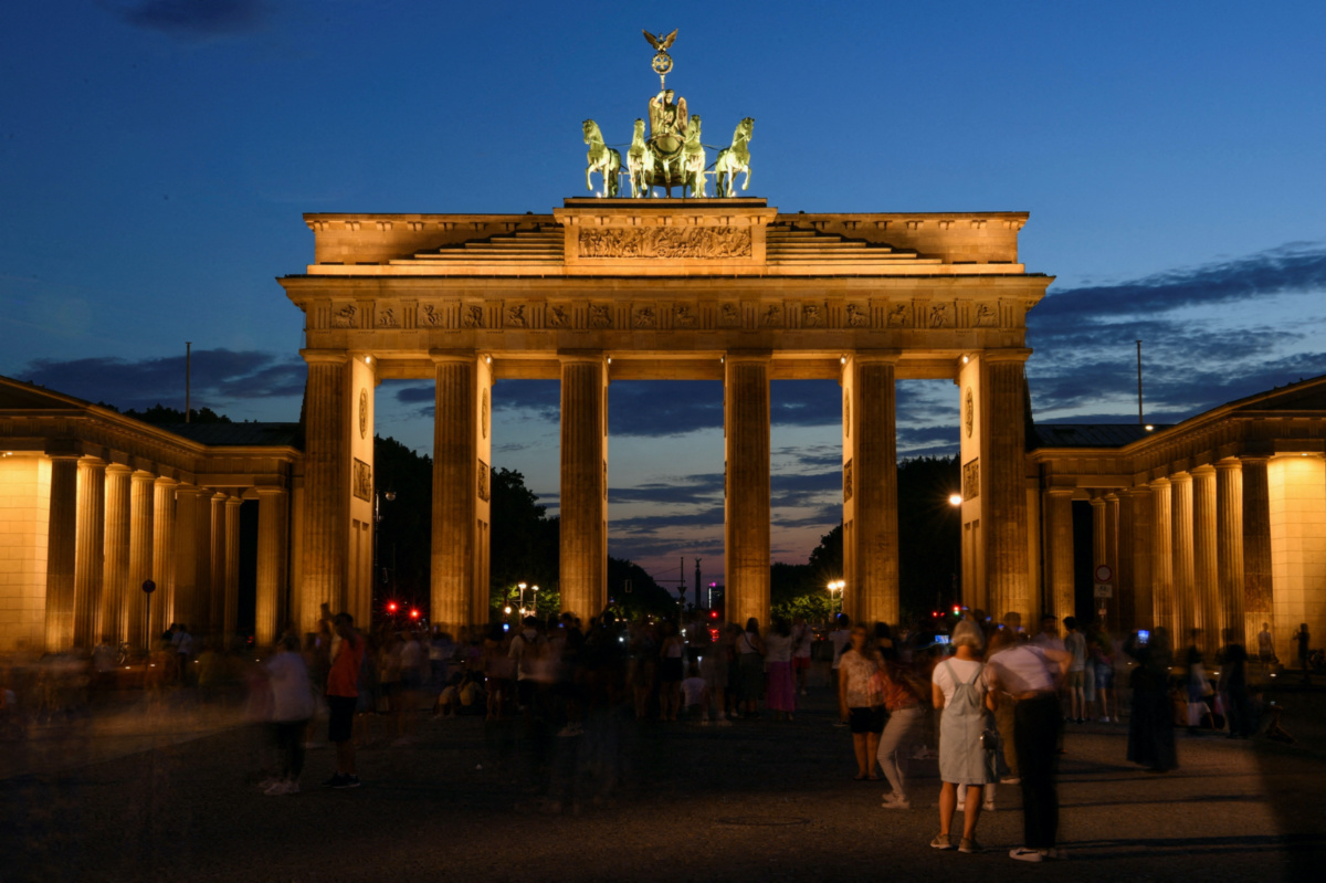 A general view of the illuminated Brandenburg Gate is pictured during the night in Berlin, Germany, on 3rd August, 2022