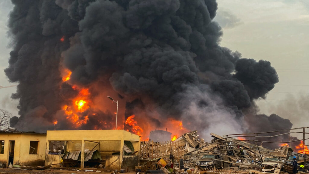 Fire burns after a blast at an oil terminal in Conakry, Guinea on 18th December, 2023.