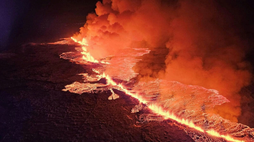 A volcano spews lava and smoke as it erupts in Grindavik, Iceland, on 18th December, 2023.