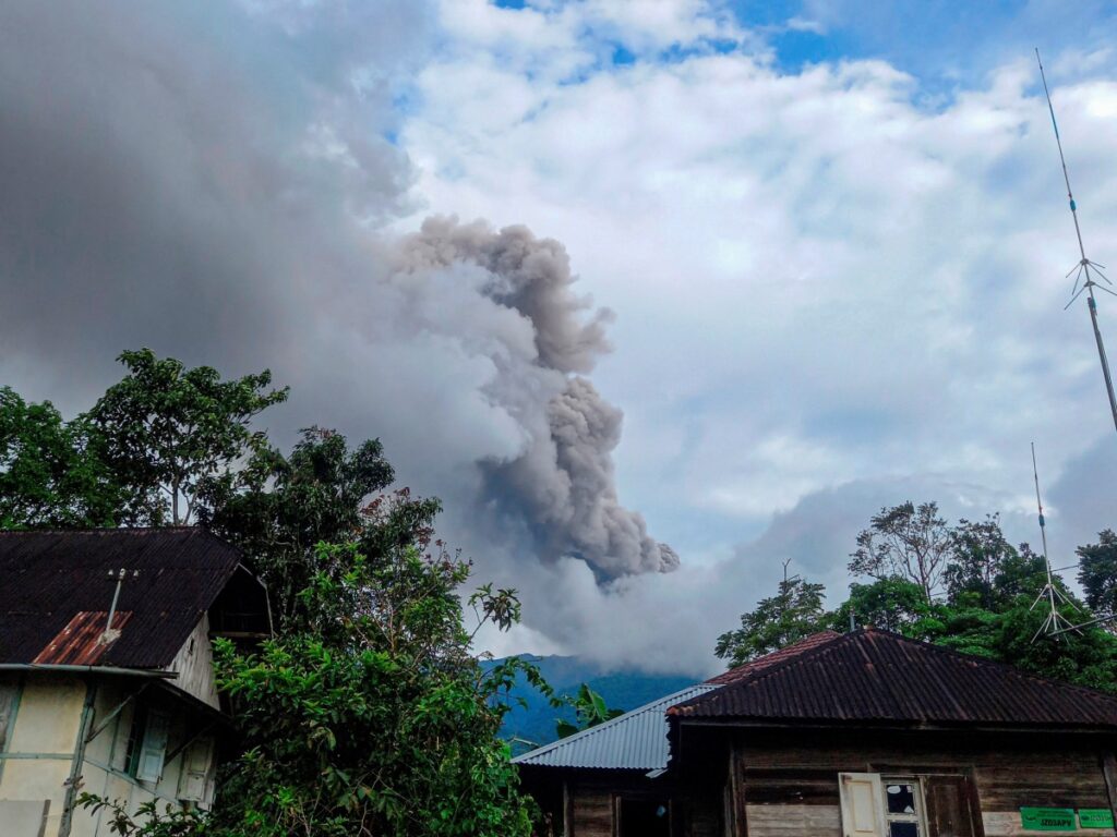 Mount Marapi volcano spews volcanic ash as seen from Nagari Sungai Pua, in Agam, West Sumatra province, Indonesia, on 3rd December, 2023