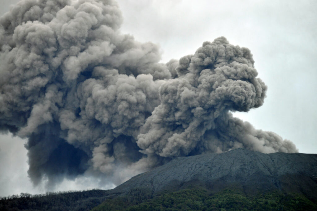 Mount Marapi volcano spews volcanic ash as seen from Nagari Batu Palano in Agam, West Sumatra province, Indonesia, on 4th December, 2023