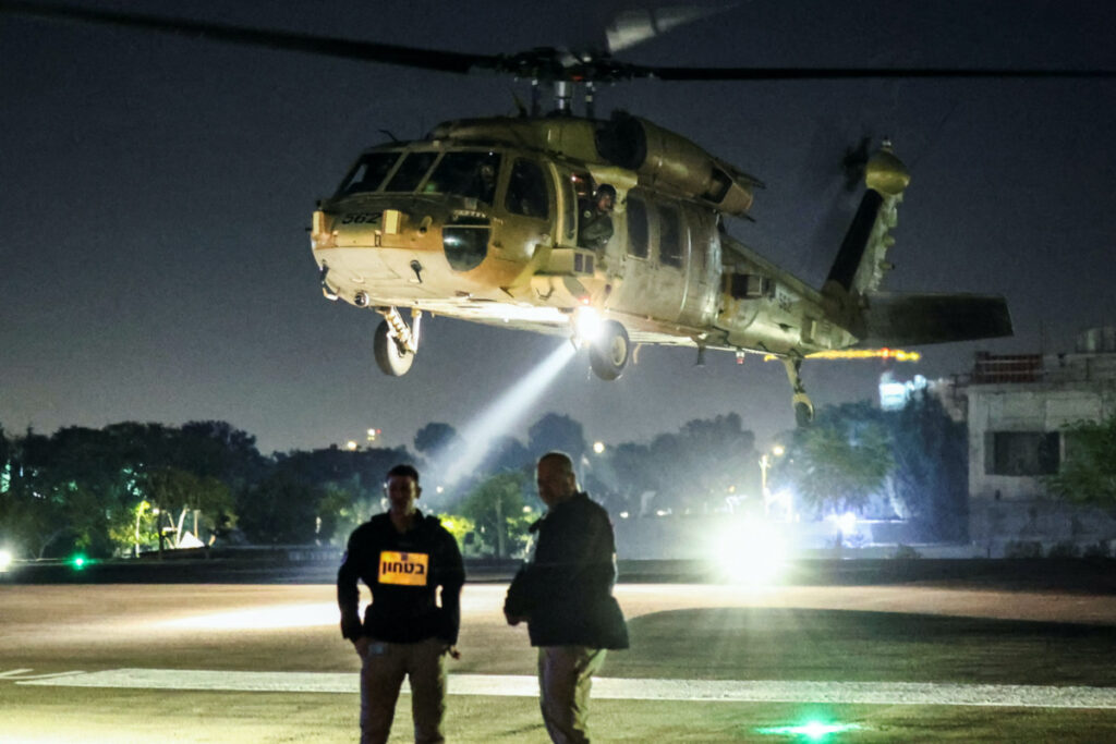 A helicopter carrying hostages released amid a hostages-prisoners swap deal between Hamas and Israel arrives at Sheba Medical Center in Ramat Gan, Tel Aviv district, Israel, on 1st December, 2023