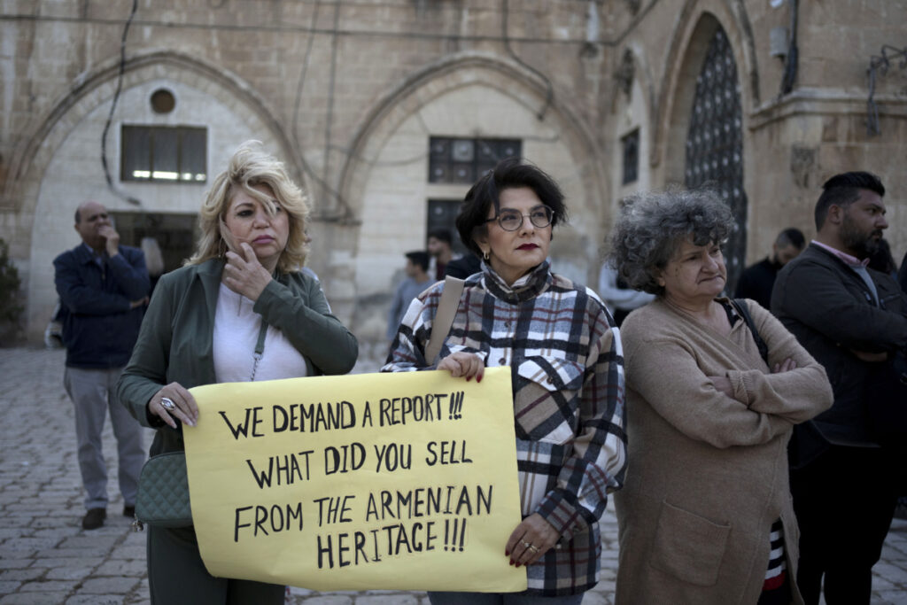 Members of the Armenian community protest a contentious deal that stands to displace residents and hand over a large section of the Armenian Quarter in the Old City of Jerusalem, on Friday, 19th May, 2023.