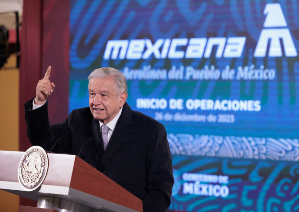Mexico President Andres Manuel Lopez Obrador gestures during a news conference as his government re-launched former state airline Mexicana de Aviacion, at the National Palace, in Mexico City, Mexico, on 26th December, 2023