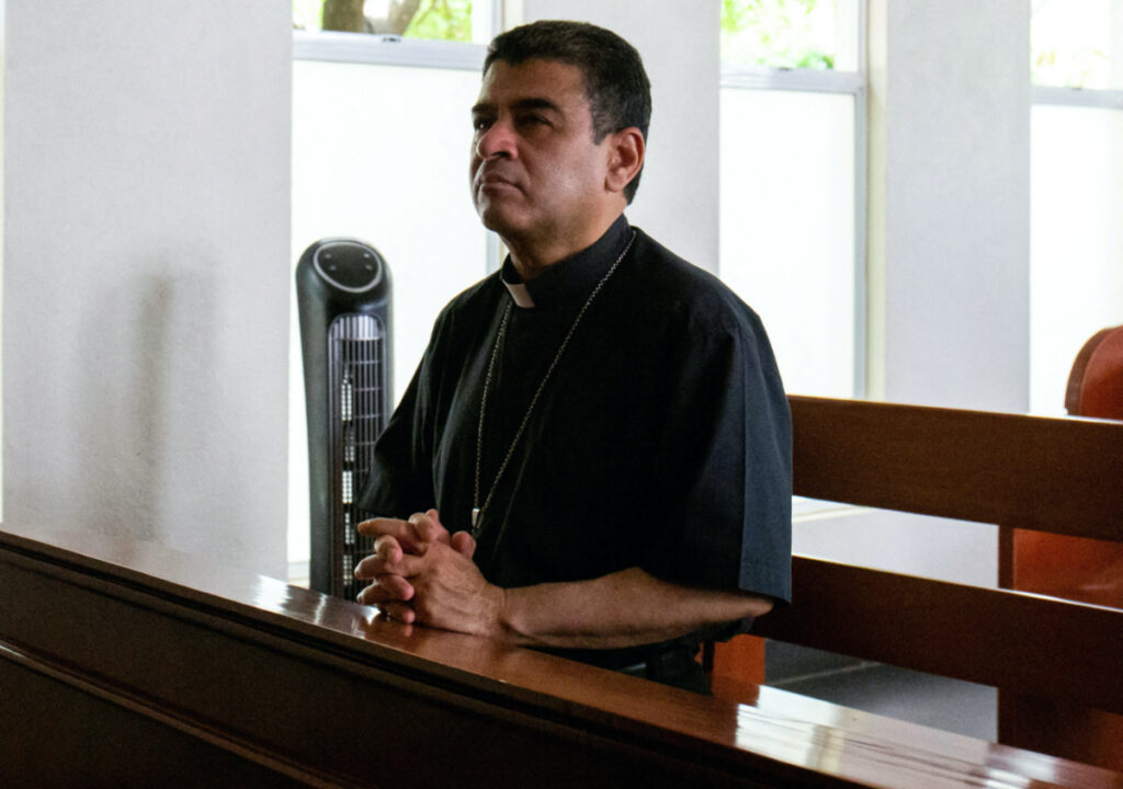 Rolando Alvarez, bishop of the Diocese of Matagalpa and a critic of the Nicaraguan President Daniel Ortega, shown praying at Managua's Catholic church where he was taking refuge, alleging he had been targeted by the police, in Managua, Nicaragua, on 20th May, 2022.