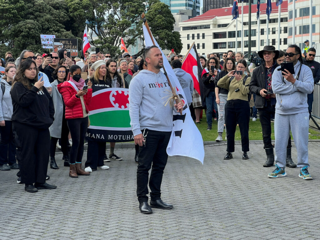 Rawiri Waititi takes part in a march lead by New Zealand political party Te Pati Maori to demonstrate against the incoming government and its policies, in Wellington, New Zealand, on 5th December, 2023.