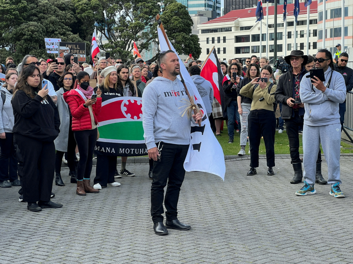 People take part in a march led by New Zealand political party Te Pati Maori to demonstrate against the incoming government and its policies, in Wellington, New Zealand, on 5th December, 2023. 