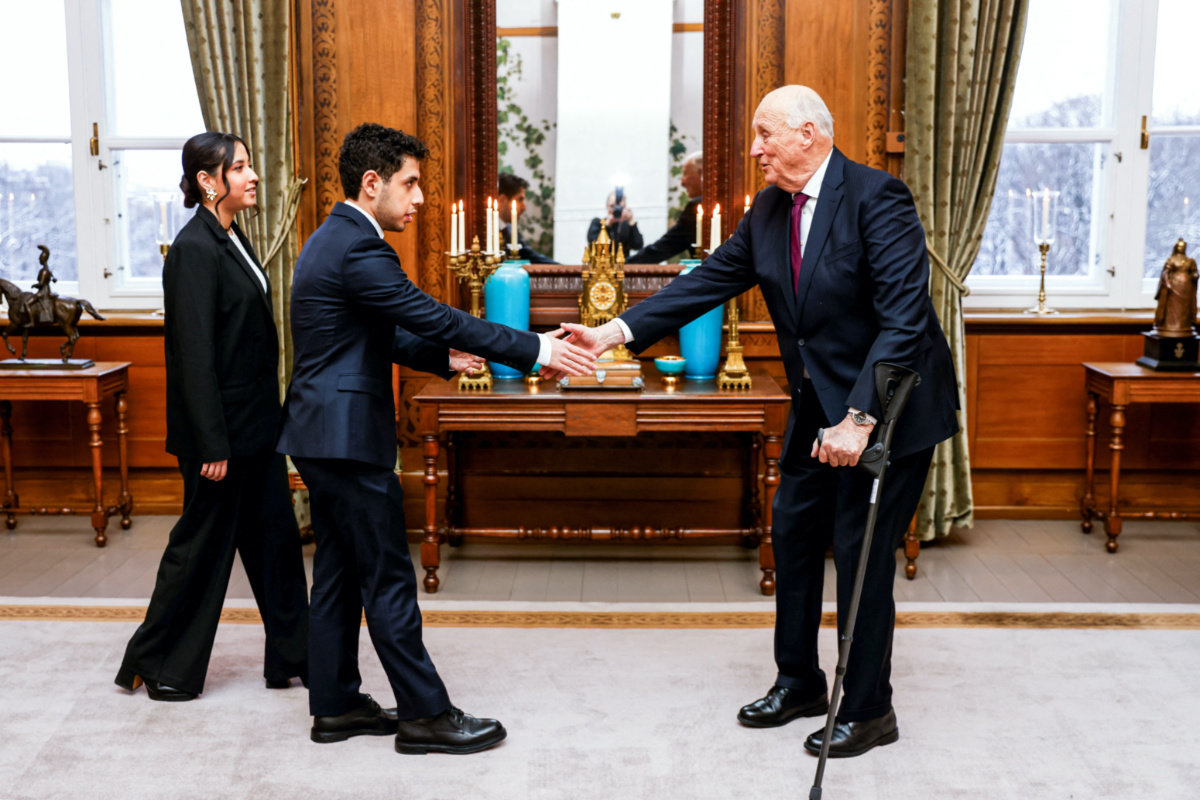Norway's King Harald receives Ali and Kiana Rahmani, the children of this year's winner of the Nobel Peace Prize 2023, Narges Mohammadi, an imprisoned Iranian human rights activist, at an audience at the Palace in Oslo, Norway on 10th December, 2023. 